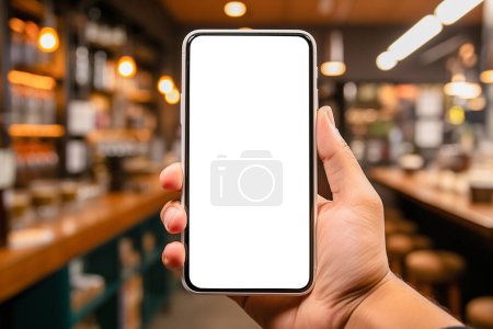 Téléchargez les photos : Maquette de Smartphone avec écran blanc dans les mains masculines dans un café ou une boutique confortable : idéal pour la promotion ou la publicité App - en image libre de droit