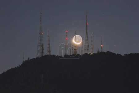 Photo for Moonset on the Sumare antennas in Rio de Janeiro, Brazil. - Royalty Free Image