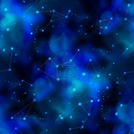 Ilustración de Endless Texture of Cosmic Universe. Night Sky with Constellations, Nebulas, Comets, Stars, Planets etc. Decorative Design for Prints, Fabrics, Wallpapers etc. Seamless Pattern. Vector illustration - Imagen libre de derechos