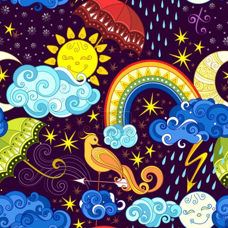 Illustration for Fairytale Weather Forecast Seamless Pattern. Endless Texture with Sun, Moon, Rainbow, Clouds, Umbrellas etc. Fantasy Cartoon Design on Dark Background. Vector Contour Illustration. Abstract Art - Royalty Free Image