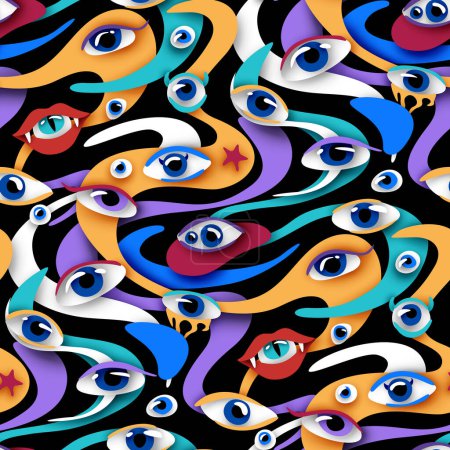 Ilustración de Psyhodelical Pattern with Thousand Eyes Looking Into the Soul, Witchcraft Vibes. Surreal Design on Black. Pop Art Cartoon Style with Stains. Seamless Pattern, Endless Texture. Vector 3d Illustration - Imagen libre de derechos