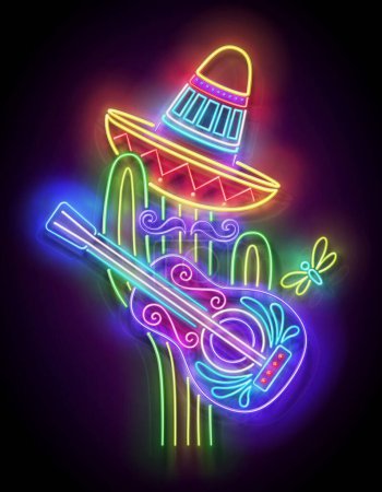 Téléchargez les illustrations : Glow Mexican cactus in sombrero with guitar. Cute singer, mariachi. Shiny Neon Poster, Flyer, Banner, Postcard, Invitation. Glossy Background. Vector 3d Illustration - en licence libre de droit