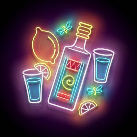 Ilustración de Glow bottle of Mexican tequila, shot, lemon. Traditional ethnic alcoholic drink. Neon Light Poster, Flyer, Banner, Signboard. Glossy Background. Vector 3d Illustration - Imagen libre de derechos