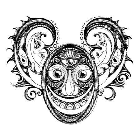 Ilustración de Demon with Scary Eyes Looking Into the Soul. Phantasmagorical Surreal Design. Vintage Stamp Stylization with Abstract Stains. Vector Illustration - Imagen libre de derechos