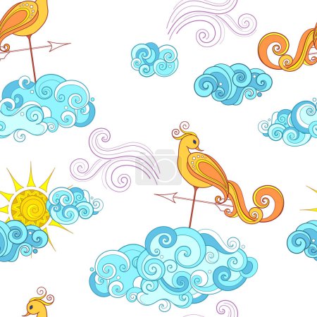 Illustration for Fairytale Weather Forecast Seamless Pattern. Endless Texture with Romantic Weathercocks. Fantasy Cartoon Design on White Background. Vector Contour Illustration. Abstract Art - Royalty Free Image