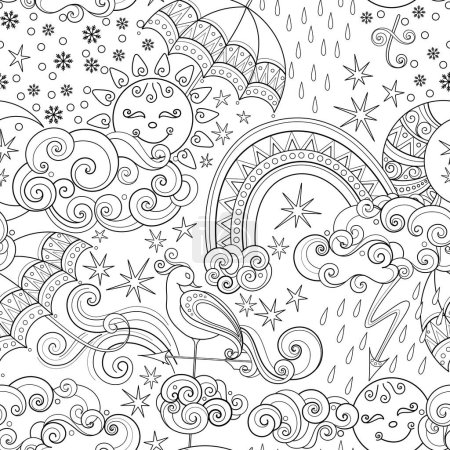 Illustration for Fairytale Weather Forecast Seamless Pattern. Endless Texture with Sun, Moon, Rainbow, Clouds, Umbrellas etc. Fantasy Cartoon Design. Vector Contour Illustration. Coloring Book Page - Royalty Free Image