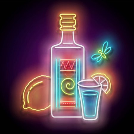 Ilustración de Glow bottle of Mexican tequila, shot, lemon. Traditional ethnic alcoholic drink. Neon Light Poster, Flyer, Banner, Signboard. Glossy Background. Vector 3d Illustration - Imagen libre de derechos