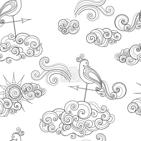 Illustration for Fairytale Weather Forecast Seamless Pattern. Endless Texture with Romantic Weathercocks. Fantasy Cartoon Design. Vector Contour Illustration. Coloring Book Page - Royalty Free Image