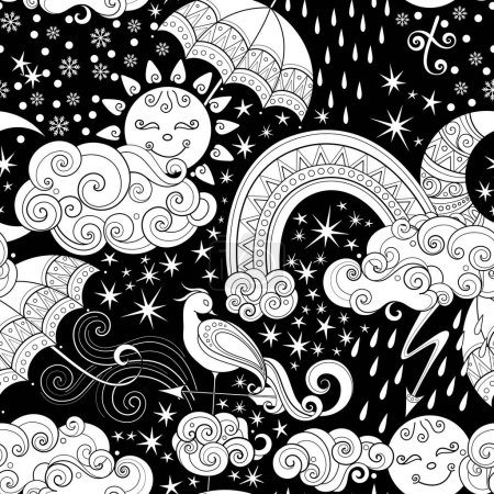 Illustration for Fairytale Weather Forecast Seamless Pattern. Endless Texture with Sun, Moon, Rainbow, Clouds, Umbrellas etc. Fantasy Cartoon Design on Black. Vector Contour Illustration. Coloring Book Page - Royalty Free Image