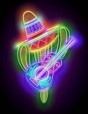 Téléchargez les illustrations : Glow Mexican cactus in sombrero with guitar. Cute singer, mariachi. Shiny Neon Poster, Flyer, Banner, Postcard, Invitation. Glossy Background. Vector 3d Illustration - en licence libre de droit