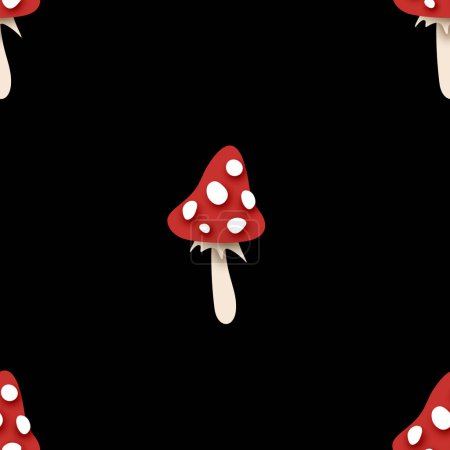 Illustration for Seamless Pattern with Poisonous Mushroom, Fly Agaric. Surreal Design on Black. Pop Art Cartoon Style with Stains. Endless Texture. Vector 3d Illustration - Royalty Free Image