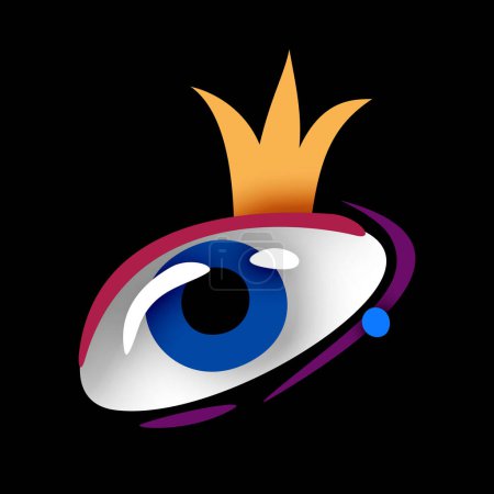 Illustration for Psyhodelical Print with Surreal Eye with Crown. Princess or Queen Concept. Surreal Design on Black. Pop Art Cartoon Style with Stains. Single Design Element. Vector 3d Illustration - Royalty Free Image