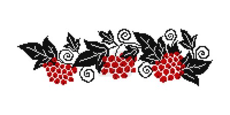 Illustration for Realistic Cross-Stitch Composition with Guelder Rose. Ethnic Floral Motif, Handmade Stylization. Traditional Ukrainian Red and Black Embroidery. Ethnic Design Element. Vector 3d Illustration - Royalty Free Image