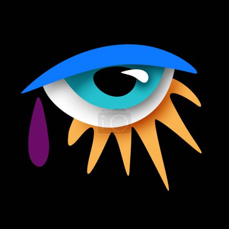 Illustration for Psyhodelical Print with Surreal Eye. Surreal Design on Black. Pop Art Cartoon Style with Stains. Single Design Element. Vector 3d Illustration - Royalty Free Image