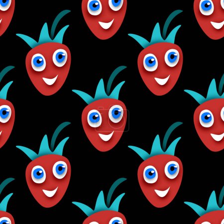 Illustration for Seamless Pattern with Cute Smilying Strawberry. Surreal Design on Black. Pop Art Cartoon Style with Stains. Endless Texture. Vector 3d Illustration - Royalty Free Image