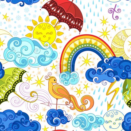 Illustration for Fairytale Weather Forecast Seamless Pattern. Endless Texture with Sun, Moon, Rainbow, Clouds, Umbrellas etc. Fantasy Cartoon Design on White Background. Vector Contour Illustration. Abstract Art - Royalty Free Image