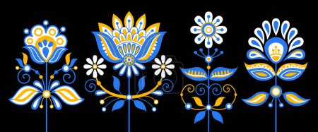 Ilustración de Conjunto de flores inspiradas en el bordado tradicional ucraniano. Motivo floral étnico, arte artesanal hecho a mano. Bordado tradicional ucraniano amarillo y azul. Elementos de diseño único. Ilustración vectorial - Imagen libre de derechos