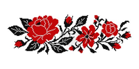 Composición bordada de punto de cruz realista con rosas. Motivo floral étnico, Estilización hecha a mano. Bordado tradicional ucraniano rojo y negro. Elemento de diseño étnico. Vector Ilustración 3d