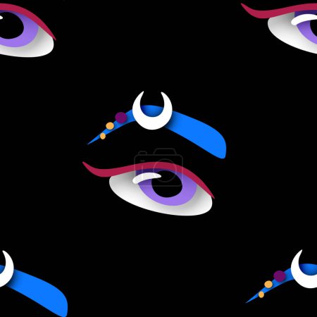 Illustration for Seamless Pattern with Psyhodelical Print with Surreal Female Eye with Eyebrow. Surreal Design on Black. Pop Art Cartoon Style with Stains. Endless Texture. Vector 3d Illustration - Royalty Free Image