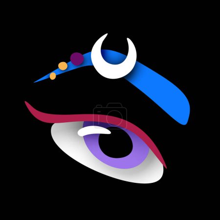 Illustration for Psyhodelical Print with Surreal Female Eye with Eyebrow. Surreal Design on Black. Pop Art Cartoon Style with Stains. Single Design Element. Vector 3d Illustration - Royalty Free Image