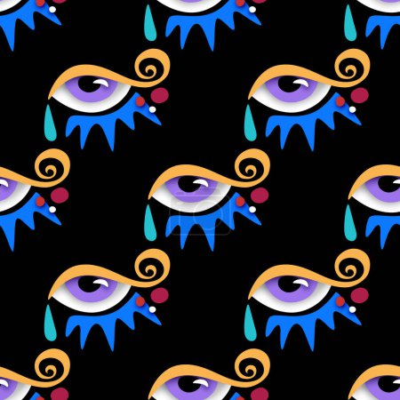 Illustration for Seamless Pattern with Psyhodelical Print with Surreal Eye. Surreal Design on Black. Pop Art Cartoon Style with Stains. Endless Texture. Vector 3d Illustration - Royalty Free Image