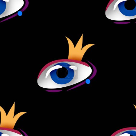 Illustration for Seamless Pattern with Psyhodelical Print with Surreal Eye. Princess or Queen Concept. Surreal Design on Black. Pop Art Cartoon Style. Endless Texture. Vector 3d Illustration - Royalty Free Image