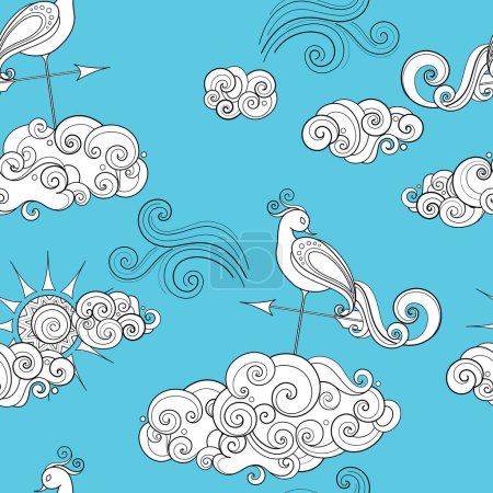 Illustration for Fairytale Weather Forecast Seamless Pattern. Endless Texture with Romantic Weathercocks. Noncolored Fantasy Cartoon Design on Turquoise Blue Background. Vector Contour Illustration - Royalty Free Image