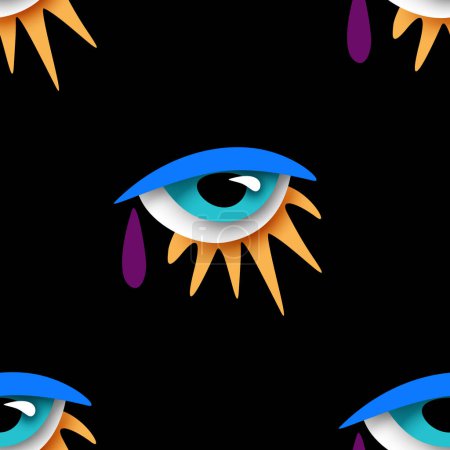 Illustration for Seamless Pattern with Psyhodelical Print with Surreal Eye. Surreal Design on Black. Pop Art Cartoon Style with Stains. Endless Texture. Vector 3d Illustration - Royalty Free Image