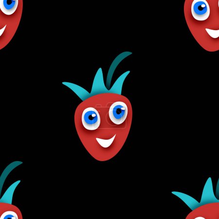 Illustration for Seamless Pattern with Cute Smilying Strawberry. Surreal Design on Black. Pop Art Cartoon Style with Stains. Endless Texture. Vector 3d Illustration - Royalty Free Image