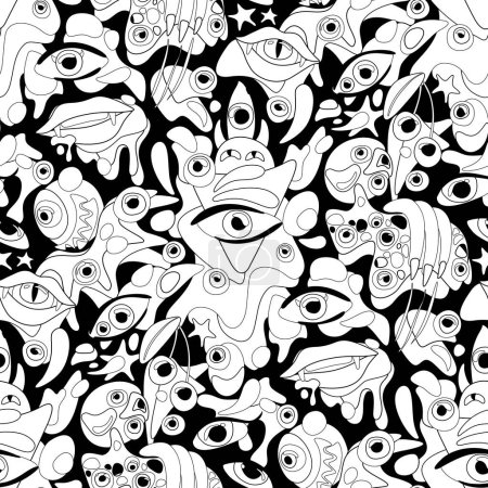 Illustration for Psyhodelical Pattern with Thousand Eyes, Witchcraft Vibes. Surreal Design on Black. Pop Art Cartoon Style. Seamless Pattern, Endless Texture. Vector Contour Illustration. Coloring Book - Royalty Free Image