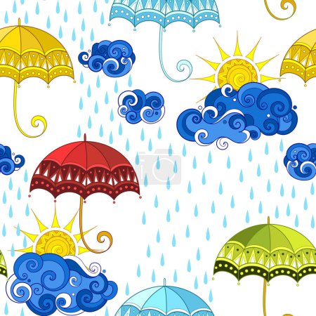 Märchenhafte Wettervorhersage nahtloses Muster. Endlose Textur mit Regentag, Wolken und Regenschirmen. Fantasy Cartoon Design auf weißem Hintergrund. Vector Contour Illustration. Abstrakte Kunst