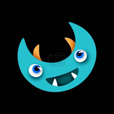 Illustration for Psyhodelical Print with Cute Little Monster. Surreal Design on Black. Pop Art Cartoon Style with Stains. Single Design Element. Vector 3d Illustration - Royalty Free Image