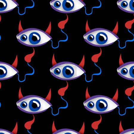 Illustration for Seamless Pattern with Psyhodelical Print with Surreal Devil Eye. Surreal Design on Black. Pop Art Cartoon Style with Stains. Endless Texture. Vector 3d Illustration - Royalty Free Image