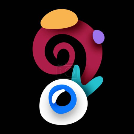 Ilustración de Psyhodelical Print with Monster Eye on Blots (en inglés). Surreal Design on Black. Arte pop estilo de dibujos animados con manchas. Elemento de diseño único. Vector Ilustración 3d - Imagen libre de derechos