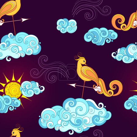 Illustration for Fairytale Weather Forecast Seamless Pattern. Endless Texture with Romantic Weathercocks. Fantasy Cartoon Design on Dark Background. Vector Contour Illustration. Abstract Art - Royalty Free Image