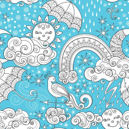 Illustration for Fairytale Weather Forecast Seamless Pattern. Endless Texture with Sun, Moon, Rainbow, Clouds, Umbrellas etc. Noncolored Fantasy Cartoon Design on Turquoise Blue Background. Vector Contour Illustration - Royalty Free Image