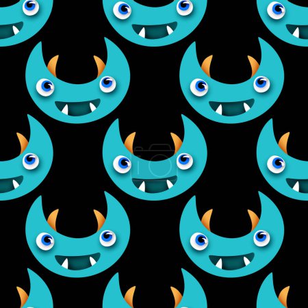 Illustration for Seamless Pattern with Cute Little Monsters. Surreal Design on Black. Pop Art Cartoon Style with Stains. Endless Texture. Vector 3d Illustration - Royalty Free Image