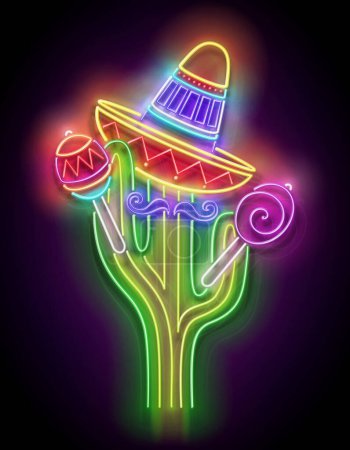 Téléchargez les illustrations : Brillant cactus mexicain au sombrero avec marocas. Jolie chanteuse, Mariachi. Affiche au néon brillant, dépliant, bannière, carte postale, invitation. Contexte brillant. Illustration vectorielle 3d - en licence libre de droit