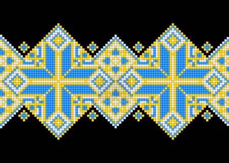 Ilustración de Frontera sin costura bordada de punto de cruz con elemento adornado. Motivo étnico, Estilización hecha a mano. Bordado tradicional ucraniano amarillo y azul. Elemento de diseño étnico. Vector Ilustración 3d - Imagen libre de derechos