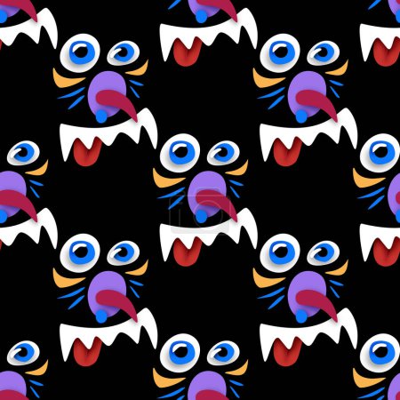 Illustration for Seamless Pattern with Psyhodelical Bully Monster Face. Surreal Design on Black. Pop Art Cartoon Style with Stains. Endless Texture. Vector 3d Illustration - Royalty Free Image