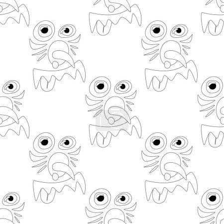 Illustration for Seamless Pattern with Psyhodelical Bully Monster Face. Surreal Design, Endless Texture. Pop Art Cartoon Style with Stains. Coloring Book Page. Vector Contour Illustration - Royalty Free Image