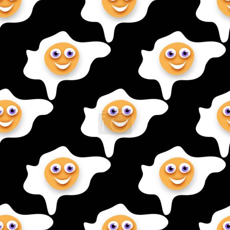 Illustration for Seamless Pattern with Cute Smilying Fried Eggs. Surreal Design on Black. Pop Art Cartoon Style with Stains. Endless Texture. Vector 3d Illustration - Royalty Free Image