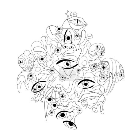 Illustration for Psyhodelical Pattern with Thousand Eyes, Witchcraft Vibes. Surreal Design. Pop Art Cartoon Style. Pop Art Cartoon Style with Abstract Stains. Vector Contour Illustration. Coloring Book - Royalty Free Image