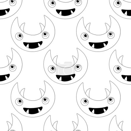 Illustration for Seamless Pattern with Cute Little Monsters. Surreal Design, Endless Texture. Pop Art Cartoon Style with Stains. Coloring Book Page. Vector Contour Illustration - Royalty Free Image