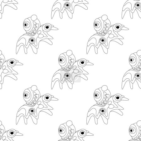 Illustration for Seamless Pattern with Psyhodelical Print with Flying Monster Vibes. Surreal Design, Endless Texture. Pop Art Cartoon Style with Stains. Coloring Book Page. Vector Contour Illustration - Royalty Free Image