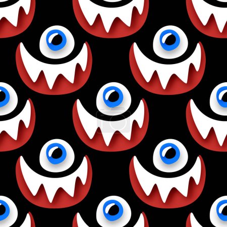 Illustration for Seamless Pattern with Psyhodelical Print with One-eye Monster with Scary Smile. Surreal Design on Black. Pop Art Cartoon Style with Stains. Endless Texture. Vector 3d Illustration - Royalty Free Image