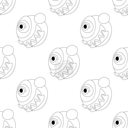 Illustration for Seamless Pattern with Psyhodelical Print with One-eye Monster with Scary Smile. Surreal Design, Endless Texture. Pop Art Cartoon Style with Stains. Coloring Book Page. Vector Contour Illustration - Royalty Free Image