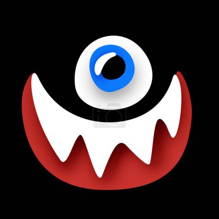 Illustration for Psyhodelical Print with One-eye Monster with Scary Smile. Surreal Design on Black. Pop Art Cartoon Style with Stains. Single Design Element. Vector 3d Illustration - Royalty Free Image