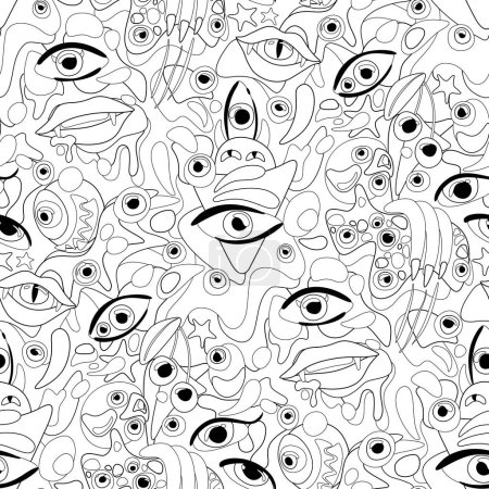 Ilustración de Psyhodelical Pattern with Thousand Eyes, Witchcraft Vibes. Surreal Design on White. Pop Art Cartoon Style. Seamless Pattern, Endless Texture. Vector Contour Illustration. Coloring Book - Imagen libre de derechos