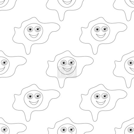 Illustration for Seamless Pattern with Cute Smilying Fried Eggs. Surreal Design, Endless Texture. Pop Art Cartoon Style with Stains. Coloring Book Page. Vector Contour Illustration - Royalty Free Image